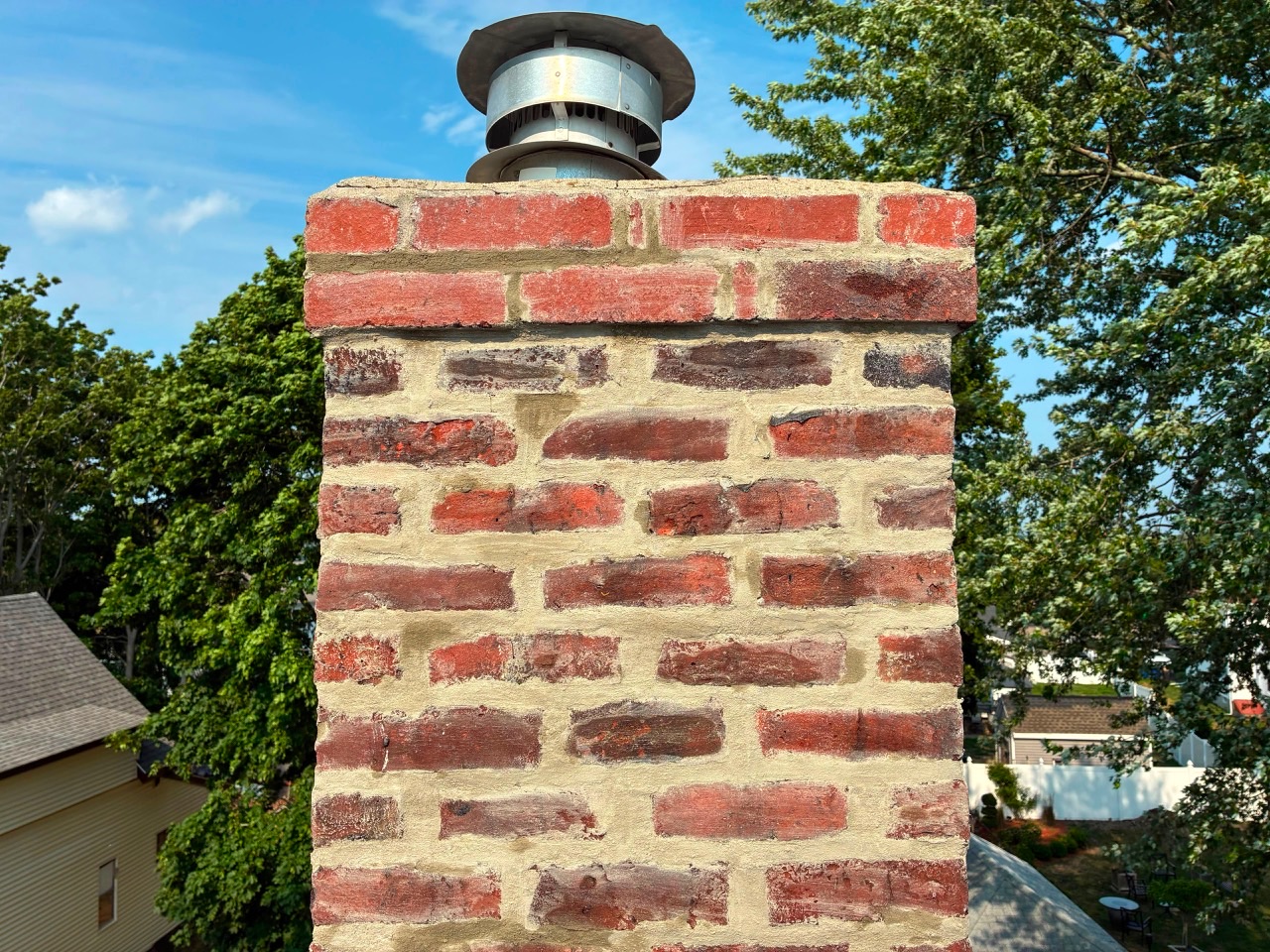 Finished chimney after repointing and flashing repair in Braintree MA